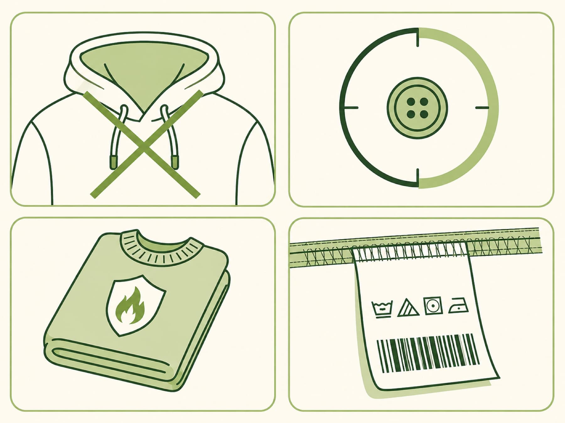 Four safety pictograms: a crossed-out neck cord, a small part in a test gauge, a flame shield on a folded garment, and a care label with a batch code