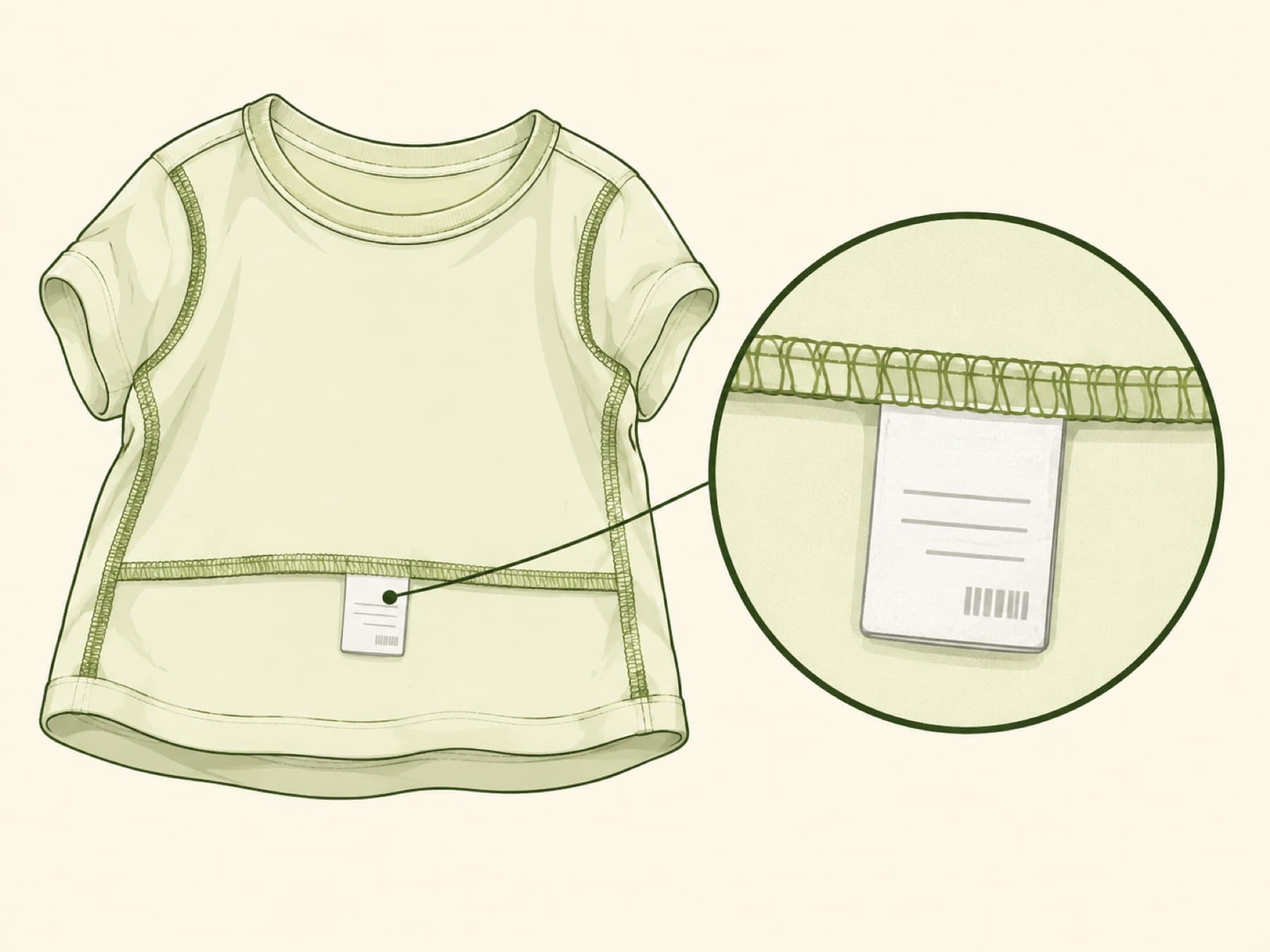 A garment turned inside out with a magnified view of the sewn-in tracking label at the waist seam