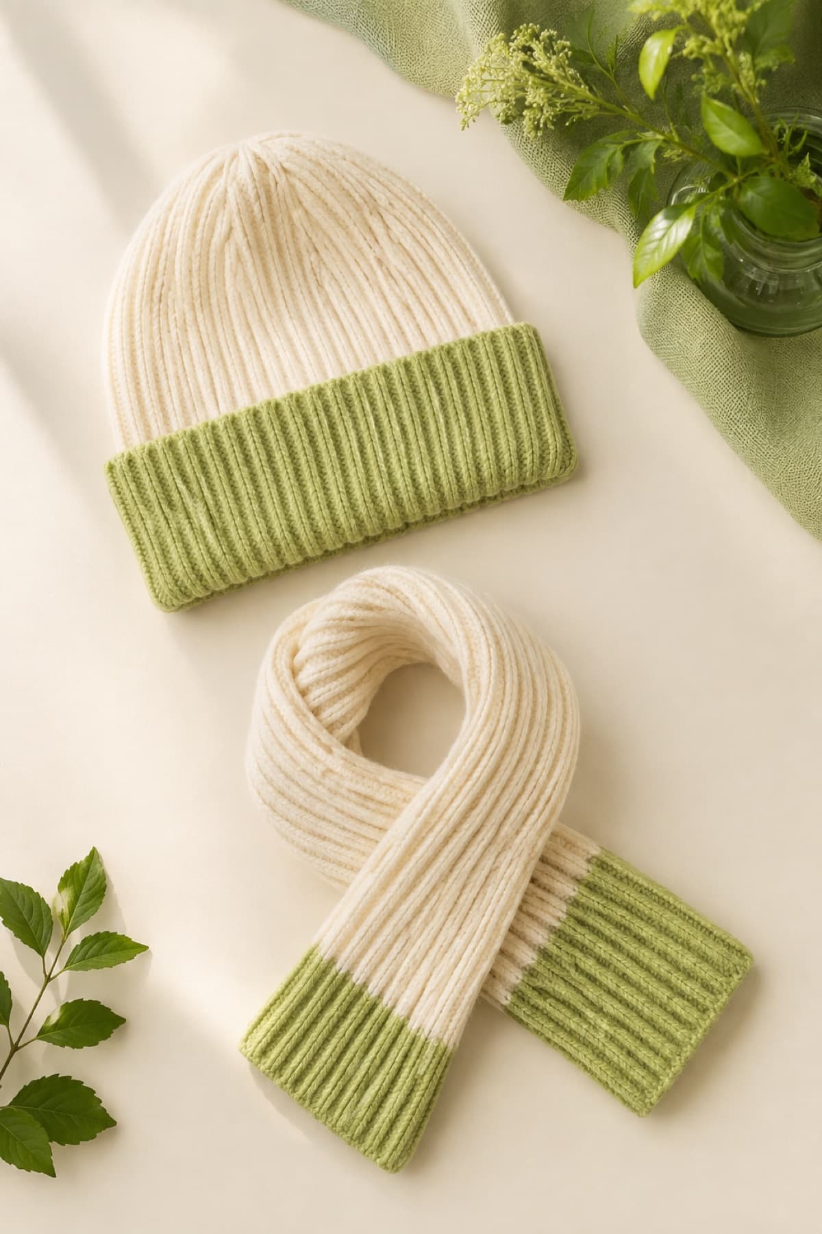 Knit Beanie and Scarf Set laid flat