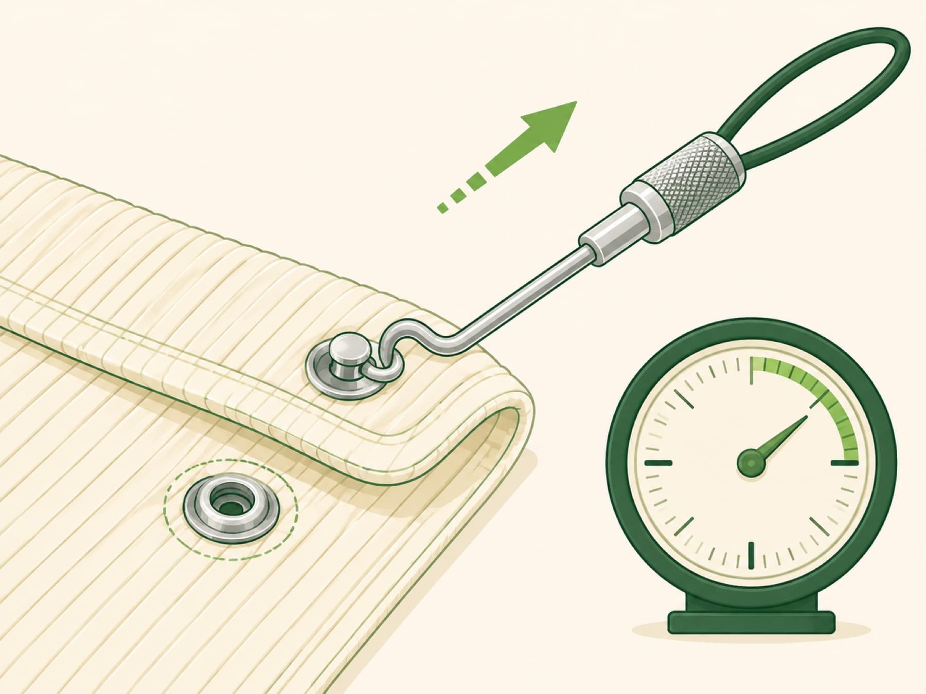 Technical illustration of a snap fastener under a pull test with a force gauge