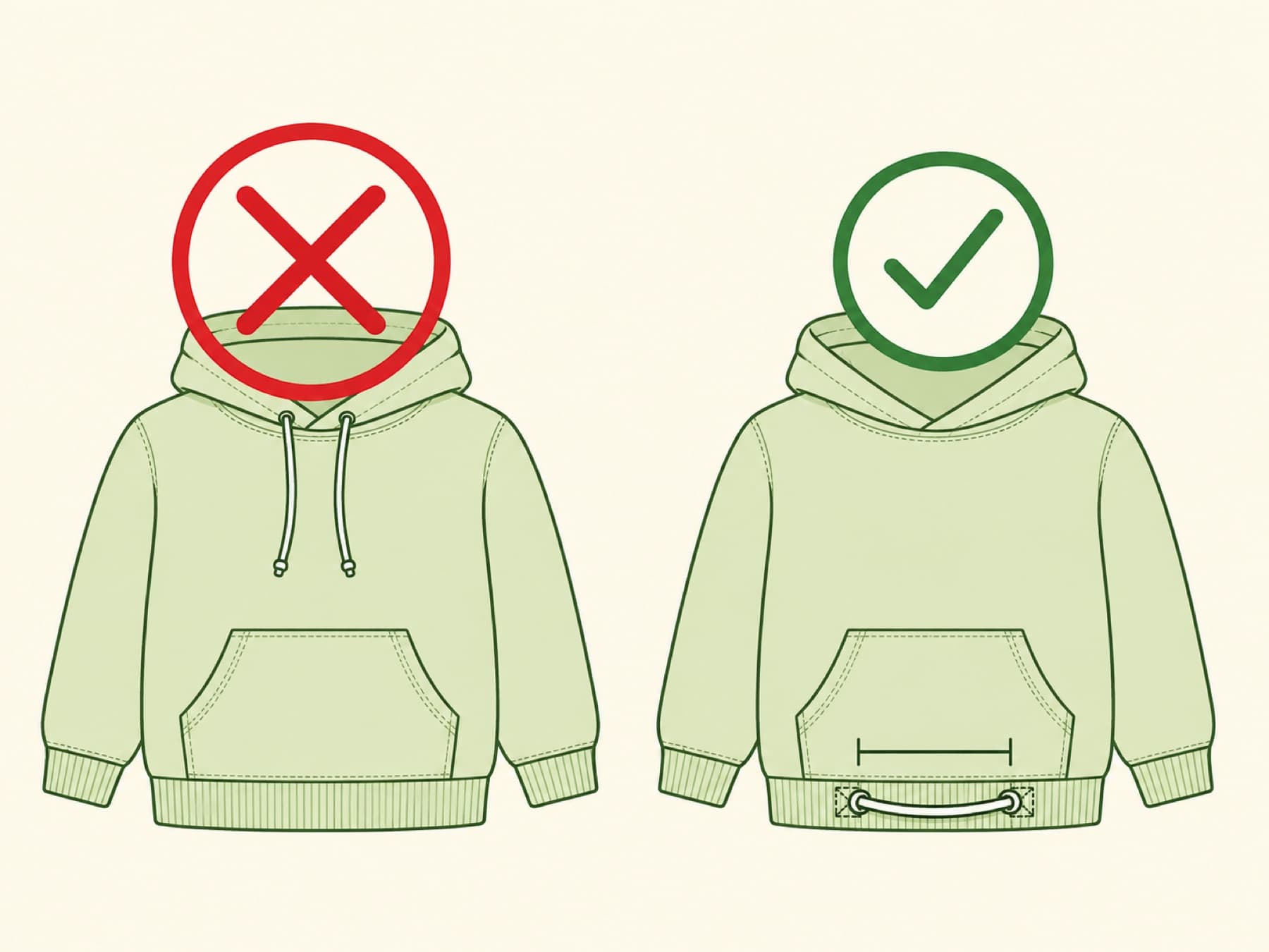 Diagram contrasting a prohibited neck drawcord with a permitted short waist cord secured at both ends