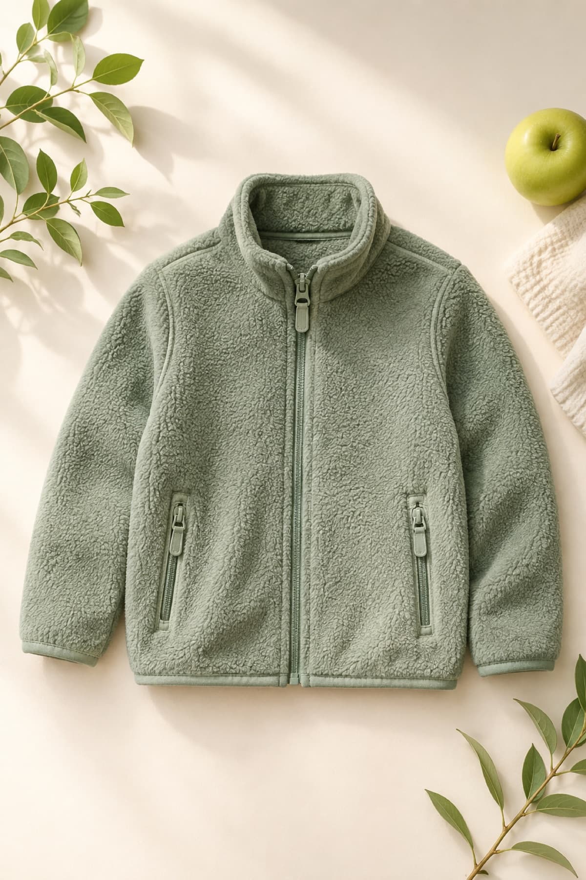 Fleece Zip Jacket laid flat on a cream background