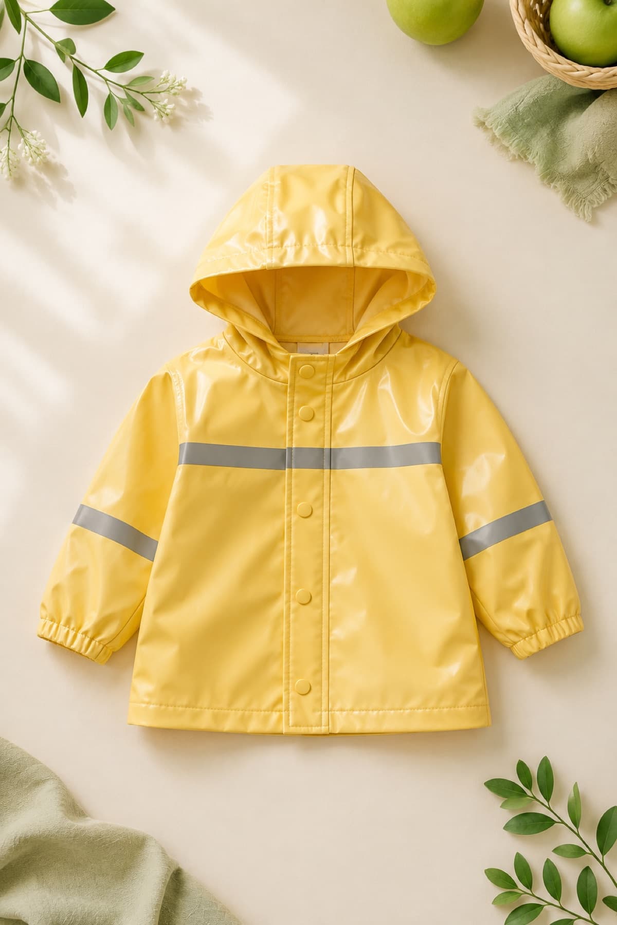 Toddler Rain Jacket laid flat on a cream background